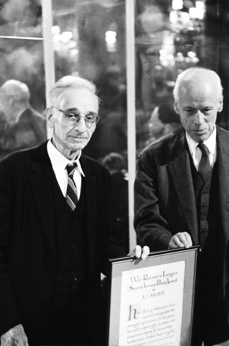 A.J. Muste and Norman Thomas, six-time Socialist Party presidential candidate, posing with Muste’s Peace Award. 