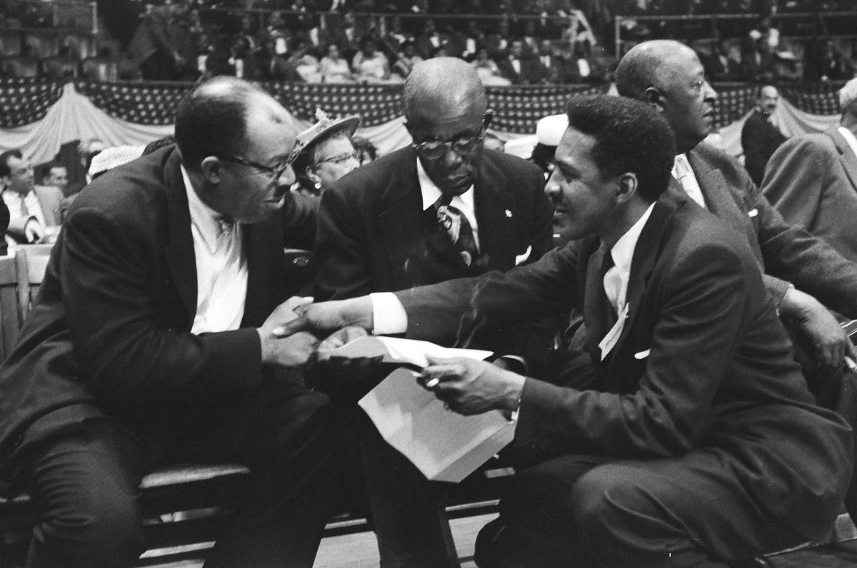 Bayard Rustin (R), who served as WRL’s Executive Secretary from 1953 to 1965, greets Dr. T.R.M Howard, one of the featured speakers at the rally.