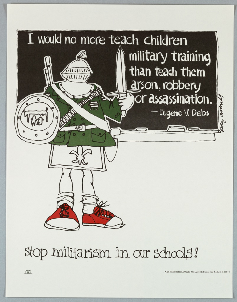 "stop militarism in our schools!" - poster by Peg Averill