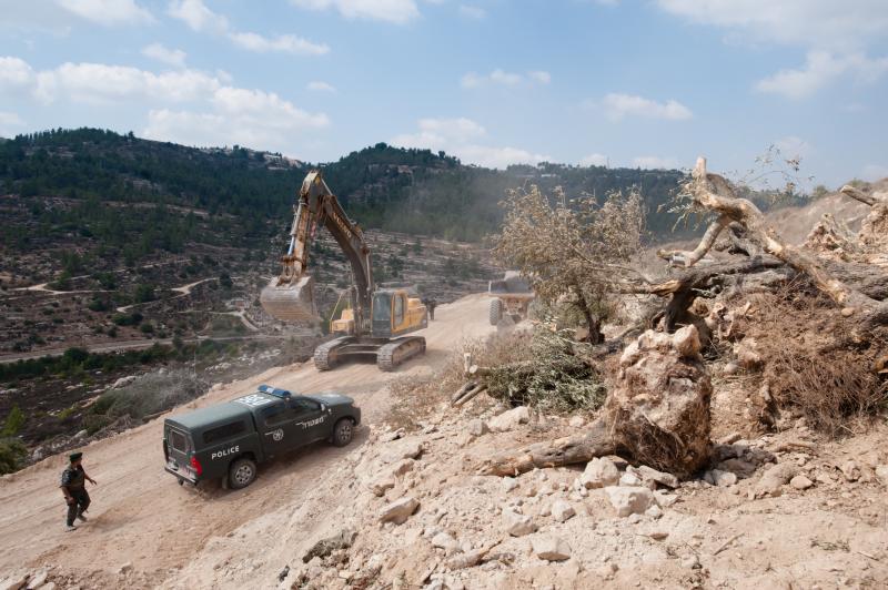 An Israeli Border Police soldier guards earth-moving equipment near a pile of olive trees cut down to make way for the Israeli separation barrier surrounding the West Bank town of Al-Walaja, September 5, 2011. Ryan Rodrick Beiler/Activestills