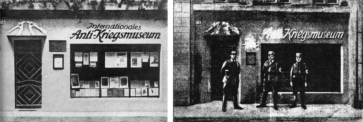 Berlin’s Anti-Kriegsmuseum in the 1920s; then in 1933 after Nazis stormed the building, blotted out the “Anti” and the broken rifle over the entrance, and eventually converted it to a pro-war museum and notorious torture chamber