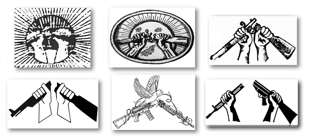 A series of images showing hands holding up a rifle that has been broken in half. In pone of the images there is a dove folding the broken rifle with their talons. 