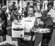 Café Pentagon performs a skit as waiters with WRL’s pie chart offer trays of weapons to Easter Parade revelers on NYC’s Fifth Avenue, April 15, 2001
