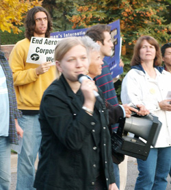 Mimi LaValley addresses protesters at the rally before the arrests