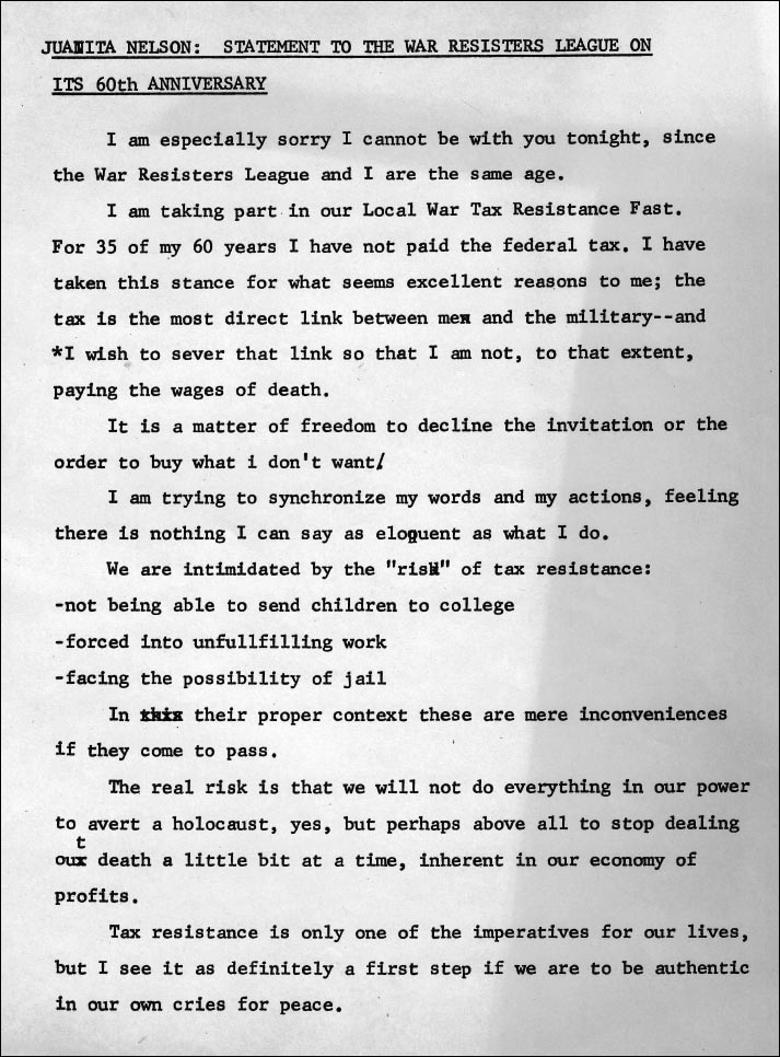 Juanita Nelson Statement to the War Resisters League on its 60th Anniversary