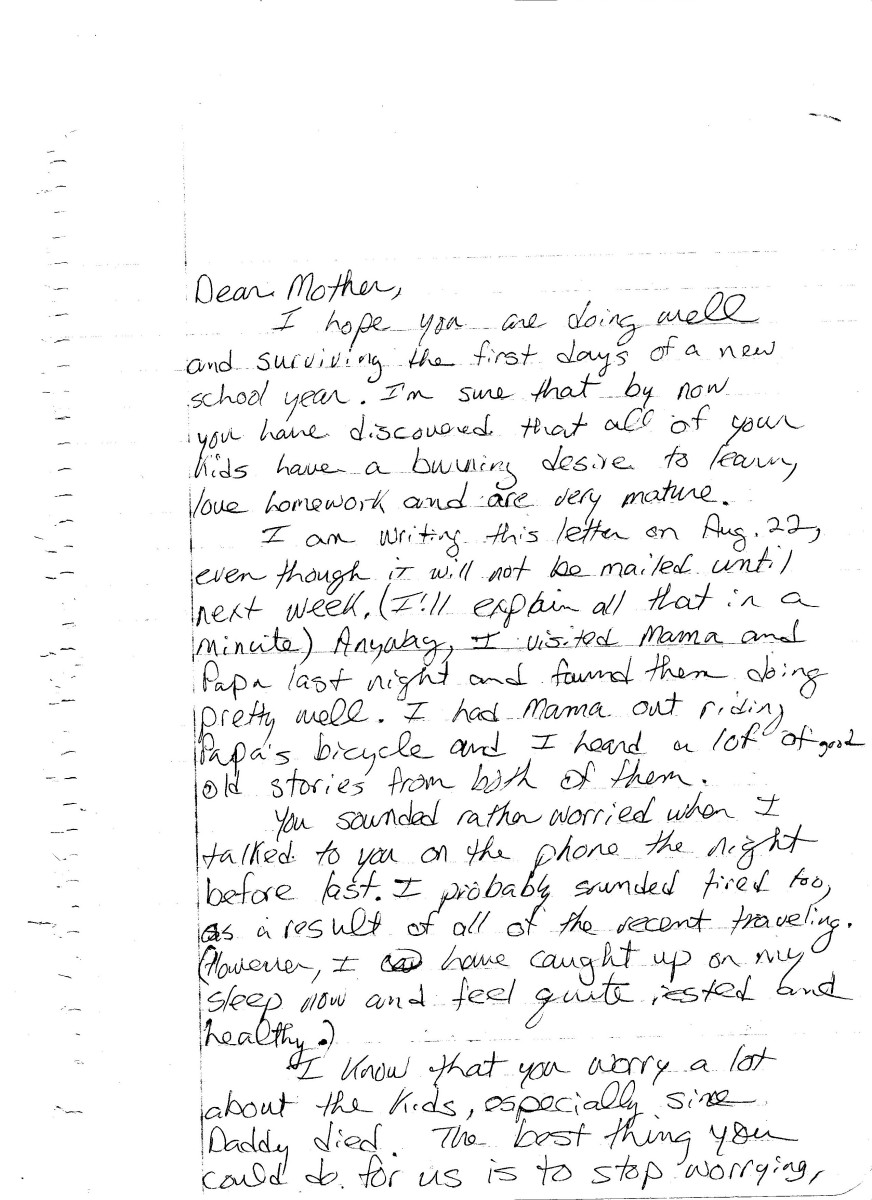 Letter from Steve Sumerford to his mother, p. 1 of 5