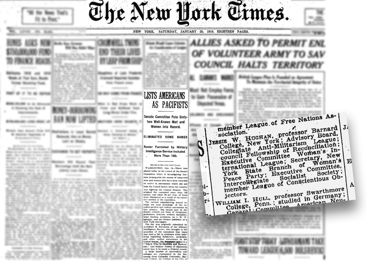 “Lists Americans as Pacifists: Senate Committee Puts Sixty-two Well-Known Men and Women Into Record,” front page, January 26, 1919, New York Times