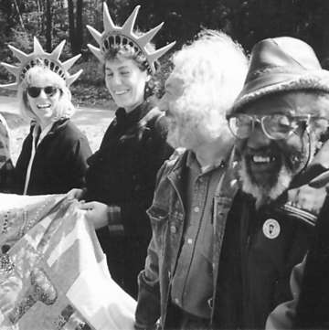 Ruth with WRL’s Vicki Rovere, Ralph DiGia and war tax resister Wally Nelson at the 1992 Colrain, MA, vigil for war tax resisters Randy Kehler and Betsy Corner. Photo by Joanne Sheehan.