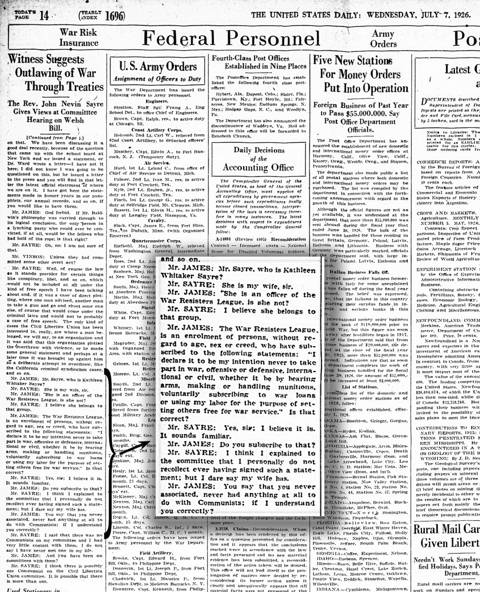 A page from the United States Daily, Wednesday, July 7, 1926 with the headline "Witness Suggests Outlawing of War Through Treaties: The Rev. John Nevin Sayre Gives Views at Committee Hearing on Welsh Bill"