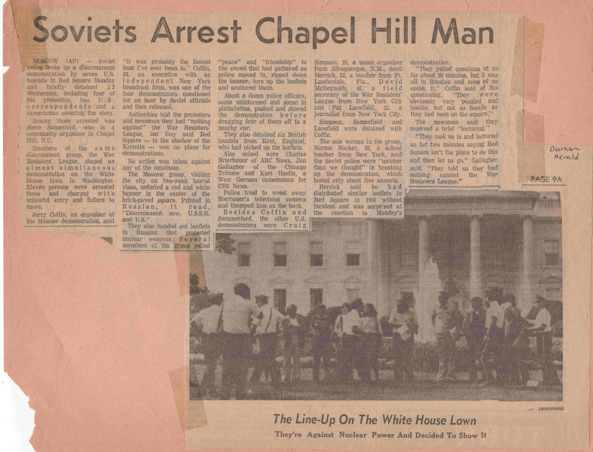 Newspaper clipping from The Durham Herald; Headline reads. "Soviets Arrest Chapel Hill Man"