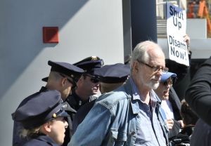  David McReynolds under arrest at "Shadows and Ashes" Direct Action for Nuclear Disarmament, New York City, April 28, 2015. Photo by Felton Davis