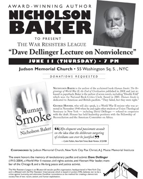 Nicholson Baker to Give the War Resisters League’s “Dave Dellinger Lecture on Nonviolence” 