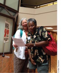 Joanne Sheehan and Mandy Carter at WRL’s 90th Anniversary conference. Photo by Linda Thurston.