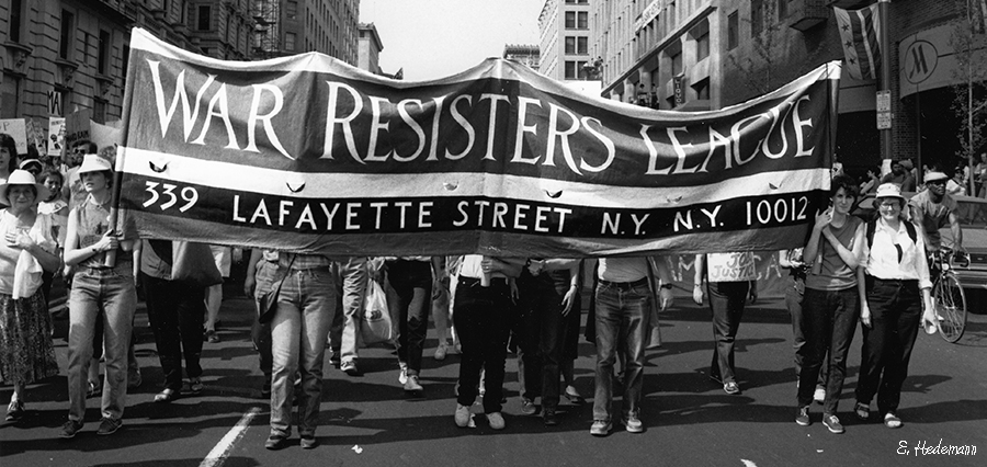 War Resisters League contingent during march from the Ellipse past the White House to the Capitol protesting President Reagan’s military and domestic policies. Washington, DC, April 20, 1985.