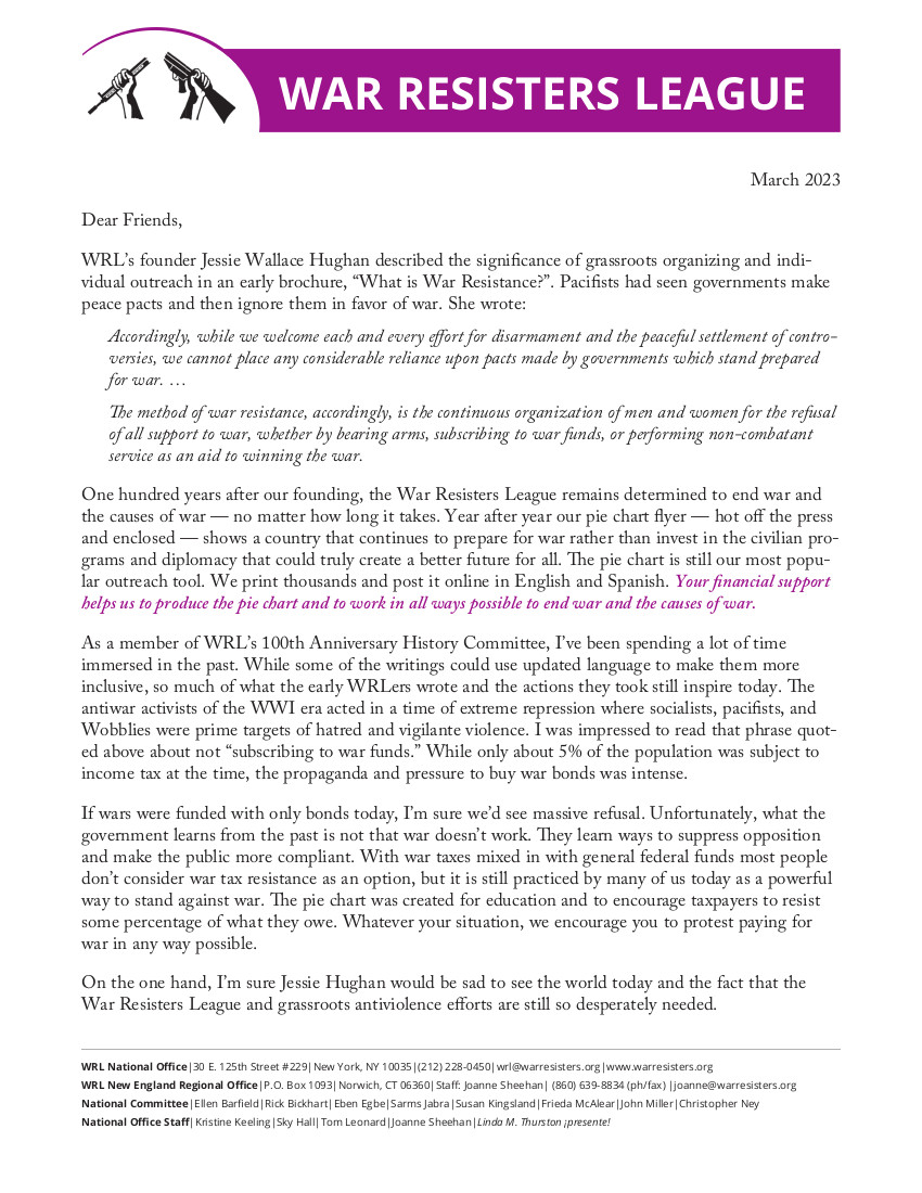 Read the latest letter from War Resisters League's National Committee: Updates about our Strategic Visioning, projects for WRL’s coming 100th Anniversary & resources!