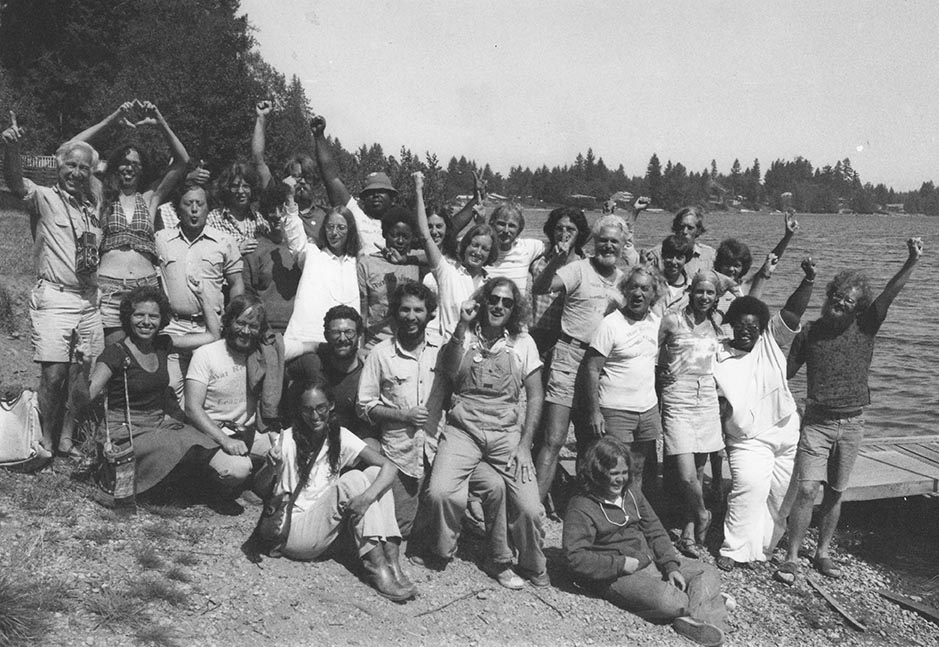 Participants in the 1977 WRL national conference in Lacey, Washington. This was one of the early WRL national gatherings that connected WRL Southeast office co-founders Diane Spaugh and Steve Sumerford (third row, far right) with future WRL Southeast staff organizer Mandy Carter (third row, sixth from left). Photo by David McReynolds