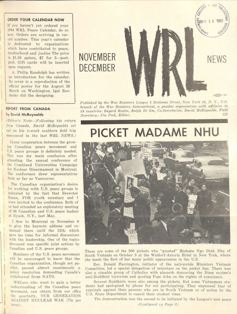 WRL News, Nov-Dec 1963 (#122) “Picket Madame Nhu” 