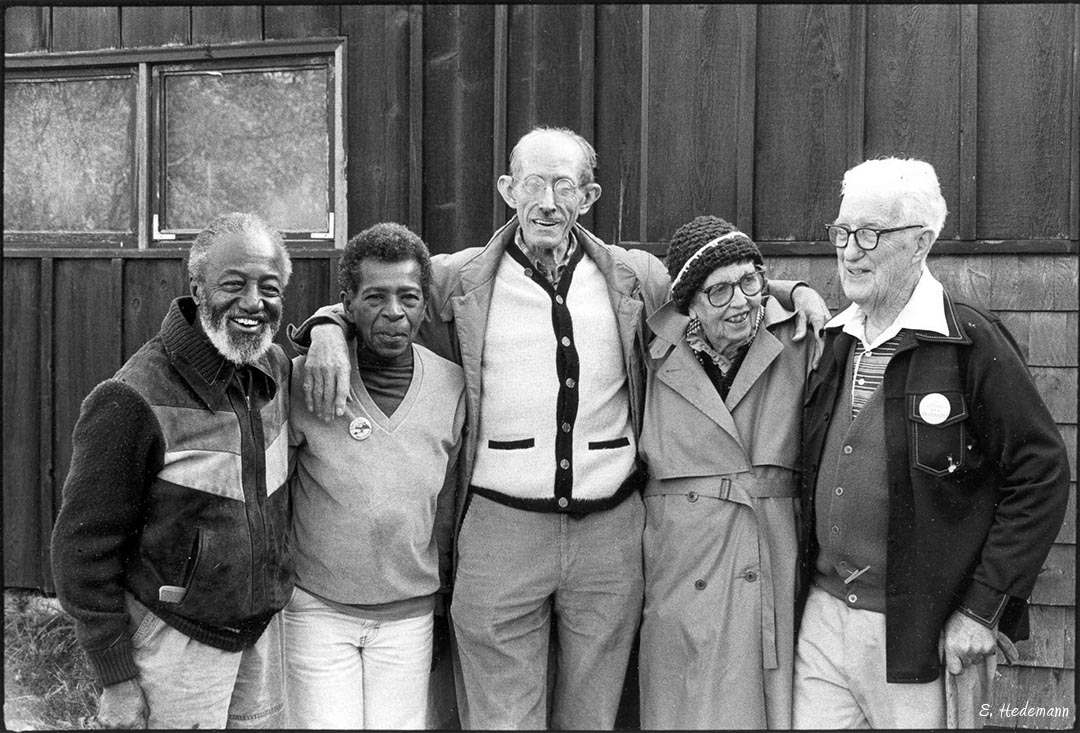 Wally and Juanita Nelson, Ernest and Marion Bromley, and Maurice McCrackin, founders of the modern war tax resistance movement, last met together at a New England Gathering of War Tax Resisters in Connecticut in 1991. Photo by Ed Hedemann.